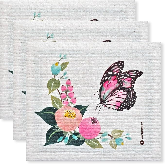 Swedish Dishcloths - 12 Pack | Made in Germany | Ultra-Absorbent, Reusable Cellulose Sponge Cloths for Kitchen | No-Odor, Eco-Friendly Cleaning Wipes | Water-Based Ink | Foral