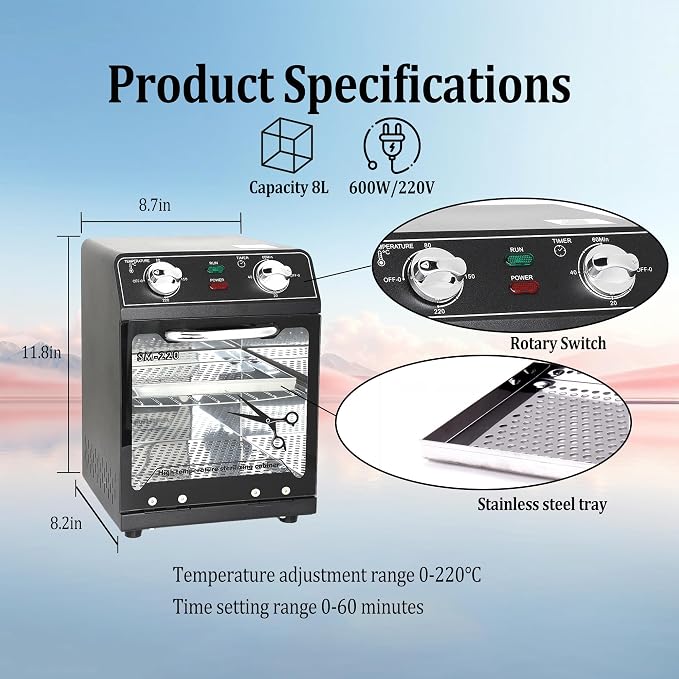 High Temperature Sterilizer, 8L Large Capacity Dry Heat Sterilizer, Max. Temperature 220℃, With Temperature Control & Timer, For Hair Salon Spa Nail Salon, Tool Sterilizer（Black）