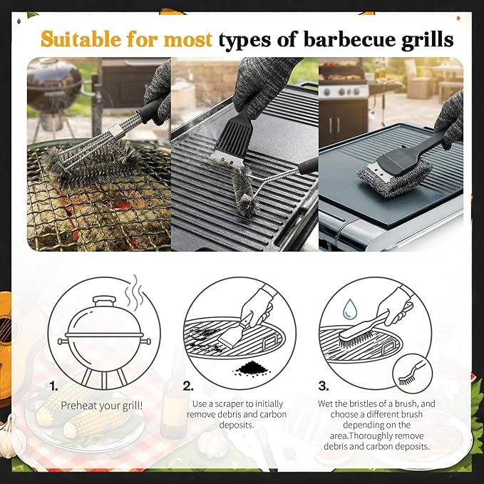 5 Pcs 304 Stainless Steel BBQ Grill Cleaning Tools Set, Steel Grill Brush Accessories with Scraper, Pointed Tail, Triangular, Scouring Pad Brush for Outdoor Gift for Men Dad