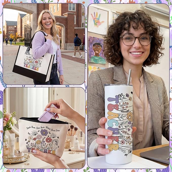 Patelai 7 Pcs Graduation Teacher Appreciation Gift Set, Thank You Teacher Gifts for Women with 20oz Tumbler Tote Bag Candle Makeup Bag Keychain, End of Year Teachers Gift Ideas Back to School Gifts