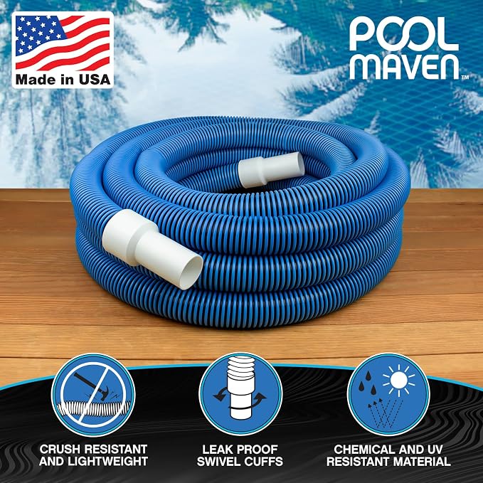 Heavy-Duty Manual Pool Vacuum Hose, 35 Ft x 1-1/2”, Kink-Free Swivel Cuff, Professional Grade Spiral-Wound Design, UV & Chemical Resistant for Inground & Above Ground Pools, Made in USA