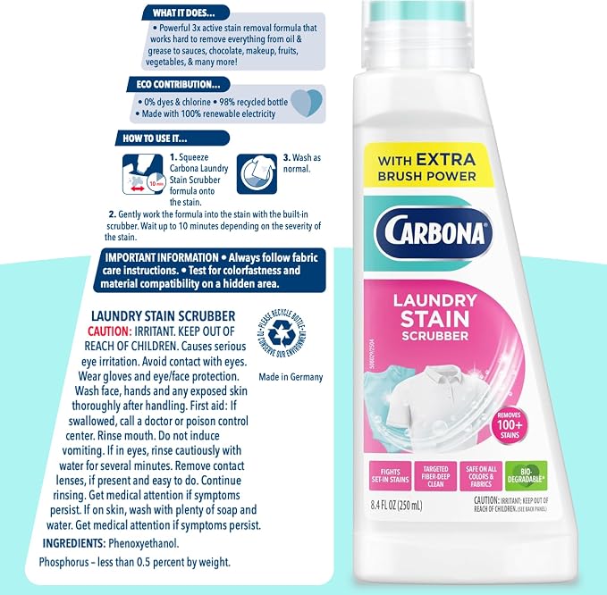 Carbona Laundry Stain Scrubber & Remover (8.4 Fl Oz), Extra-Strength Bio-Enzyme Formula, Brush-Top Applicator for Fiber-Deep Clean, Fast & Easy
