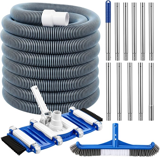 4 Pcs Swimming Pool Cleaning Kit Including Pool Vacuum Head with 1-1/2" x 30 ft Hoses Flexible Head with Bristles Wheel and White Pole 14 '' Cleaning Brush for Inground Above Ground Cleaner