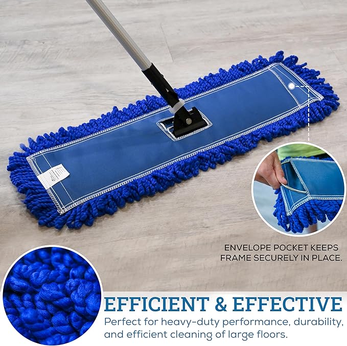 KLEEN HANDLER 24 Inch Microfiber Dust Mop, Medium Washable Commercial, Sweeper, Janitorial Head Replacement, Push Mop Broom, Blue