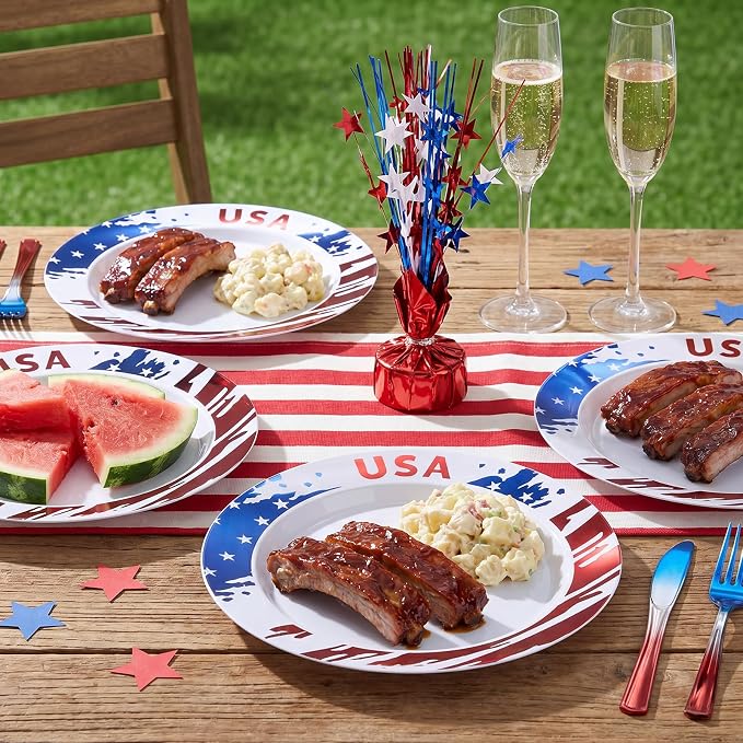 BESTVIP 50Pcs 4th of July Plastic Plates - Patriotic Red White Blue Disposable Plates with USA Pattern for Independence Day Memorial Day Party Supplies