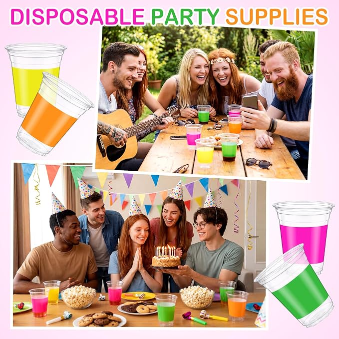 Tanlade 60 Pcs Neon Color Plastic Cups Bulk 12 oz Colored Disposable Cups Assorted Fluorescent Color Drinking Cup for Cold Drinks Birthday Holiday Party Supplies