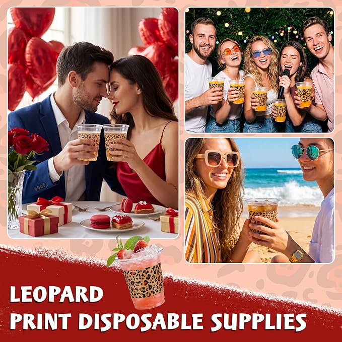 Qinyoung 50 Pcs Red Leopard Print Plastic Cups Cheetah Animal 12oz Disposable Cups Bulk Drinking Cup for Cold Drinks Baby Shower Wedding Birthday Animal Cheetah Print Party Supplies