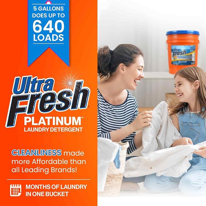 Ultra Fresh Liquid Laundry Detergent Washing Soap, 6X Platinum, ColdWater, 5 Gallon – Fabric Odor Remover to Wash Clothes and Sheets