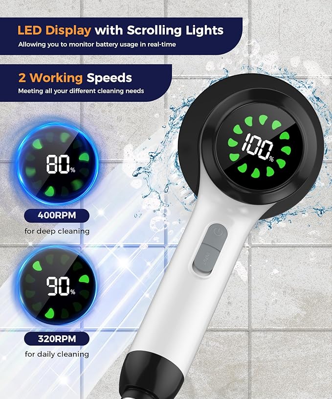 Electric Spin Scrubber, Cordless Cleaning Brush with 7 Replaceable Brush Heads, 2-Speed Adjustable Handle Shower Scrubber, IPX7 Waterproof for Bathroom, Tub, Tile & Floor, Teens, White-qb1...