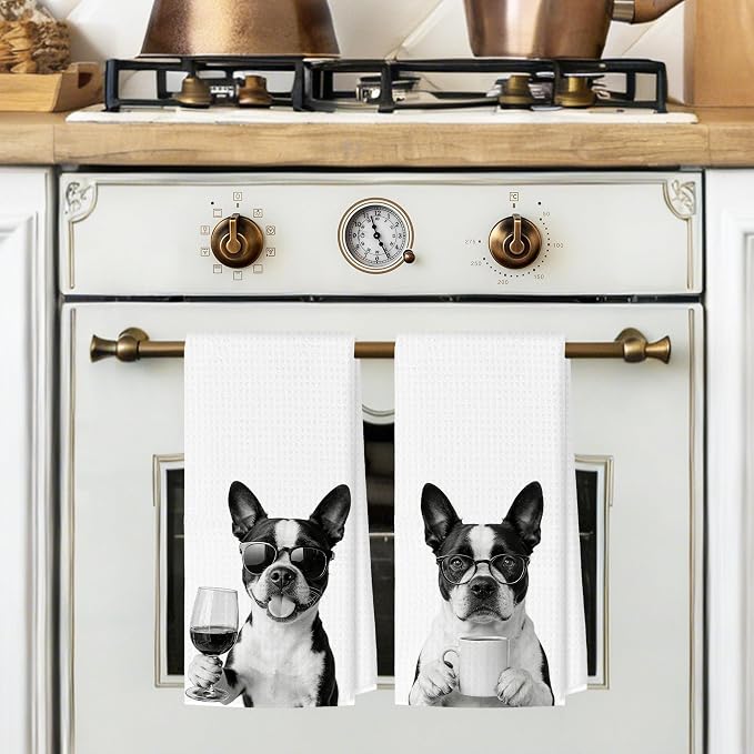 Funny Boston Terrier Kitchen Towels Set of 2, Dog Kitchen Bar Accessories, Dog Chef Gifts for Women Decorative Hand Towels for Kitchen Decor, Boston Terrier Lovers Dish Tea Towel, 16x24 Inch