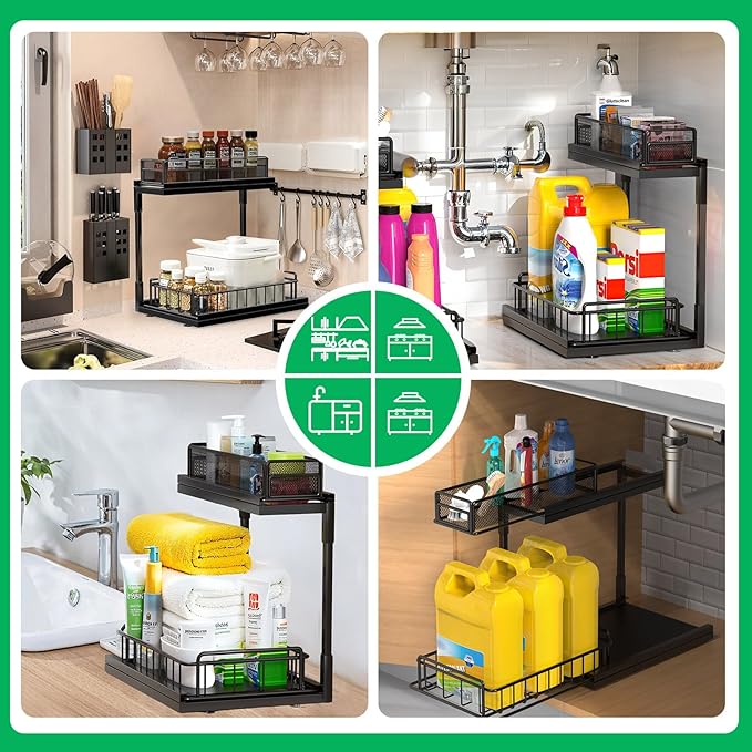 Under Kitchen Sink Pull Out Organizer, Pull Out Under Cabinet Organizer with 2 Tier for Kitchen Bathroom, Home Kitchen Storage Organization, Black, 2 Pack