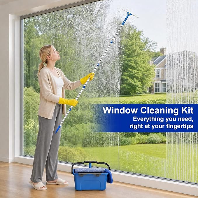 Professional Window Cleaning Kit, Window Washing Kit with 3 Gallon Bucket, 14-Inch Squeegee & 15-Inch Scrubber, 76-Inch Extendable Pole, Window Cleaning Equipment for Home & Commercial (76 inch)