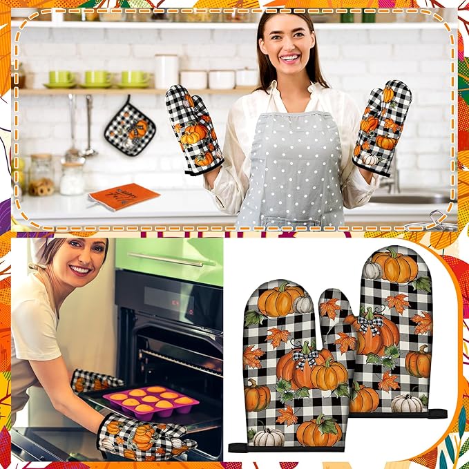 Fanfanwin 10 Pcs Thanksgiving Kitchen Decor Set Kitchen Towels Pot Holders Oven Mitts and Rugs Set Thanksgiving Decor for Baking Cooking Gift