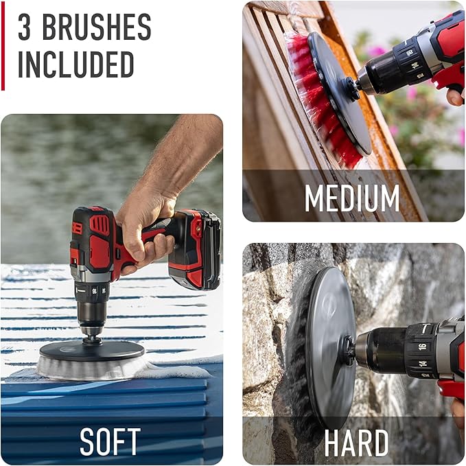 Hoover Multi-Purpose Cleaning Brush Kit, 3 Piece, 6" Soft, Medium and Hard Bristle Brushes Included, for Use on Various Surfaces, Whole Home Cleaning, Scrubber Brush Drill Attachment for Cleaning