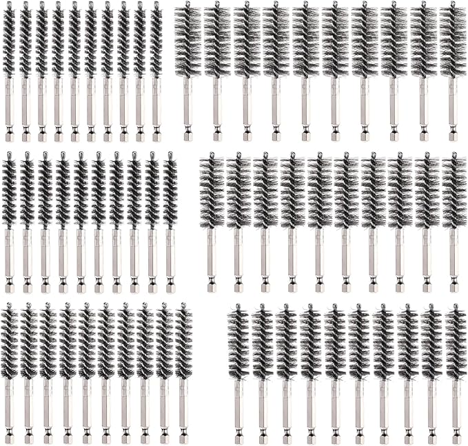 60 Pcs Bore Brush for Drill, Stainless Steel Silver Wire Cleaning Brushes Bulk with 1/4" Hex Shank Copper Pipe Cleaner Drill Attachment for Rust Engine Tube(8/10/12/15/17/19mm)