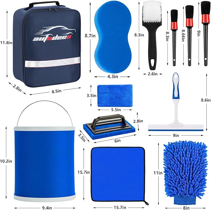 12Pcs Boat Wash Cleaning Kit with Collapsible Bucket Wash Sponge Mitt Microfiber Towel Squeegee Scrub Pads Brushes Complete Interior Exterior Cleaning Set for Boat