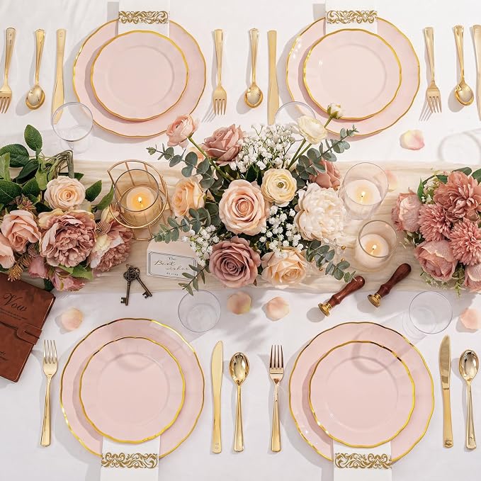 LIYH 350 Pcs Pink Plastic Plates for Party Pink Plastic Dinnerware Set for 50 Guest 100 Disposable Plates 150 Gold Plastic Silverware 50 Gold Cups 50 Napkins Perfect for Wedding Birthday