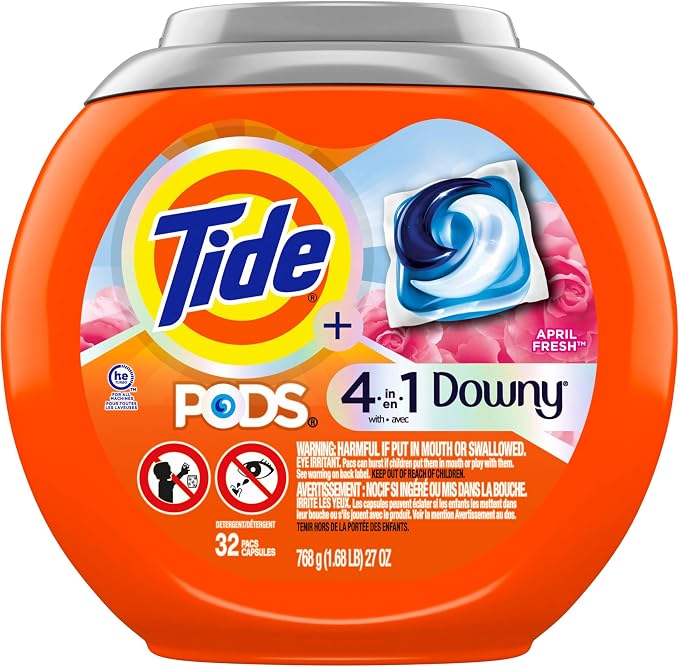 Tide PODS Laundry Detergent Soap with Downy 4-in-1 Stain Remover Freshness Softness Detergent pacs, April Fresh Scent, 32 Count