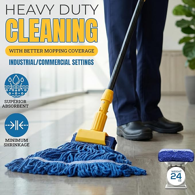 KLEEN HANDLER Blended Loop End Heavy Duty Mop Head Replacement, Wet Mop Refills for Industrial and Commercial Use, Dark Blue, 24 Oz (6-Pack)
