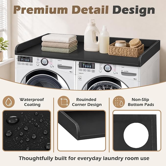 Royxen Washer Dryer Countertop with Solid Wood Core,54“W x 27.5D Laundry Countertop with Edge Rails,Washer and Dryer Topper for Laundry Room Organization (Black)