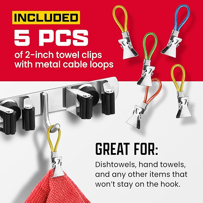 Wall Mount Hanger for Brooms & Mops - Adhesive Stainless Steel Mops & Broom Holder, 4 Clamps, 3 Hooks, & 5 Towel Hanger Clips Including Mounting Hardware for Utility Room Organization