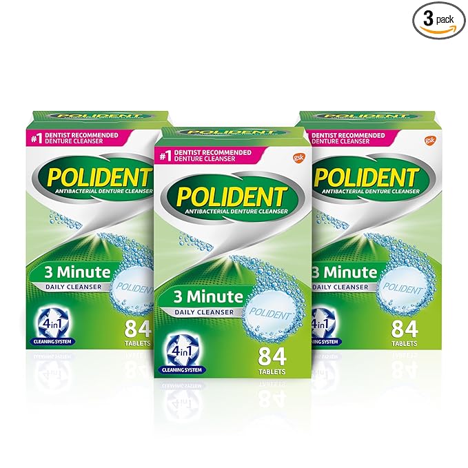 Polident 3 Minute Denture Cleanser Tablets - Cleans Removable Oral Appliances, Clear Retainers, and Mouth Guards - 84 Count (Pack of 3)