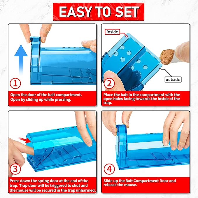LULUCATCH Humane Mouse Traps 2 Pack | Live No Touch Catch and Release No Kill Rodent Traps | Reusable with Cleaning Brush | Pet Safe Indoor Outdoor for Mice, Rats, Chipmunks, Voles, Blue