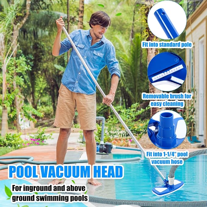 3 Pcs Pool Cleaning Kit Swimming Pool Vacuum Head Hoses 1-1/2" x 30ft with Swivel Wheel Vacuum Head and 14 '' Brush for Inground & Above Ground Pools Spas Ponds Cleaning Manual(Classic)