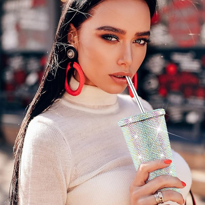 Mimorou Studded Bling Diamond Tumbler Glitter Water Bottle with Lid Stainless Steel Vacuum Thermal Straw Rhinestone Tumbler with 1 Pcs Cup Brush 6 Pcs Straw Brushes for Women(16.9 oz,AB Color)