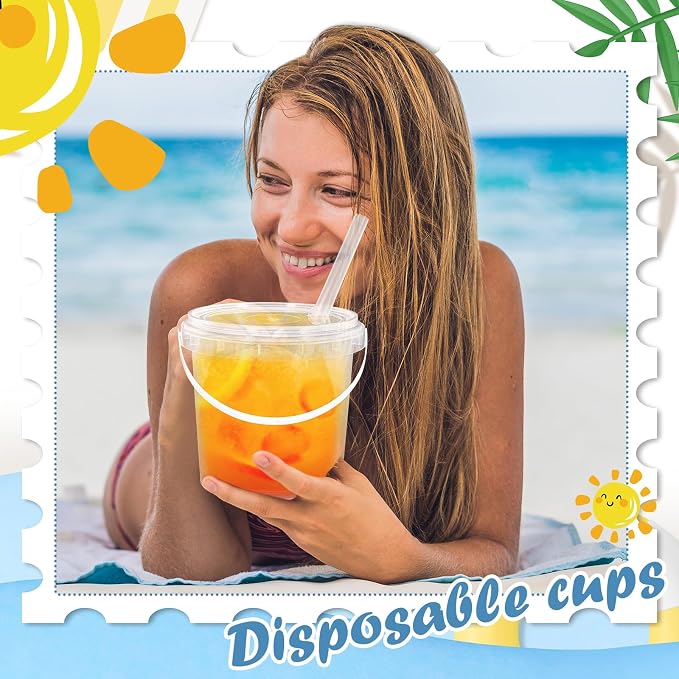 JarThenaAMCS 50 Sets Clear Plastic Cups with Lids & Straws 34 Oz Drink Bucket with Handle Disposable Cocktail Pails for Beach Pool Birthday Baby Shower Party Supplies