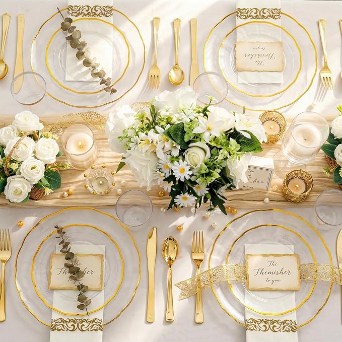 LIYH 350 Pcs Clear Plastic Plates for Wedding Reception Plastic Plates for Party 100 Disposable Plate 150 Gold Plastic Silverware 50 Gold Cups 50 Napkins Perfect for Wedding Birthday (50 Guest)