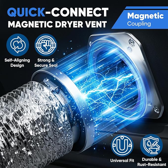 Magnetic Dryer Vent Coupler Kit, 4-Inch Quick-Connect Hose & Wall Plate, Strong Magnetic Connector for Easy On/Off, Airtight Seal, Heat-Resistant Aluminum Hose with Stainless Clamps, Screws & Anchors
