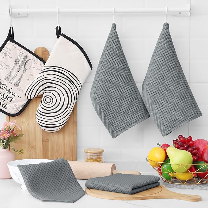 Homaxy 100% Cotton Waffle Weave Kitchen Dish Cloths, Ultra Soft Absorbent Quick Drying Dish Towels, 12 x 12 Inches, 24-Pack, Grey