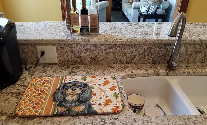 Caroline's Treasures Black and Tan English Toy Spaniel Heirloom Fall Dish Drying Mat Absorbent Dish Drying Mat Pad for Kitchen Counter Dish Drainer Mat for Countertop, 14 x 21", Multicolor