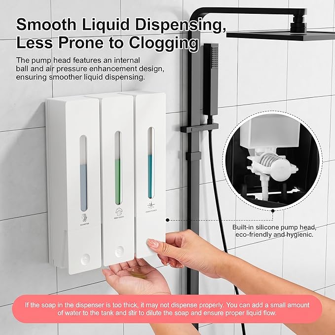 Shampoo and Conditioner Dispenser - Wall-Mounted 3-Chamber Shower Soap Dispenser