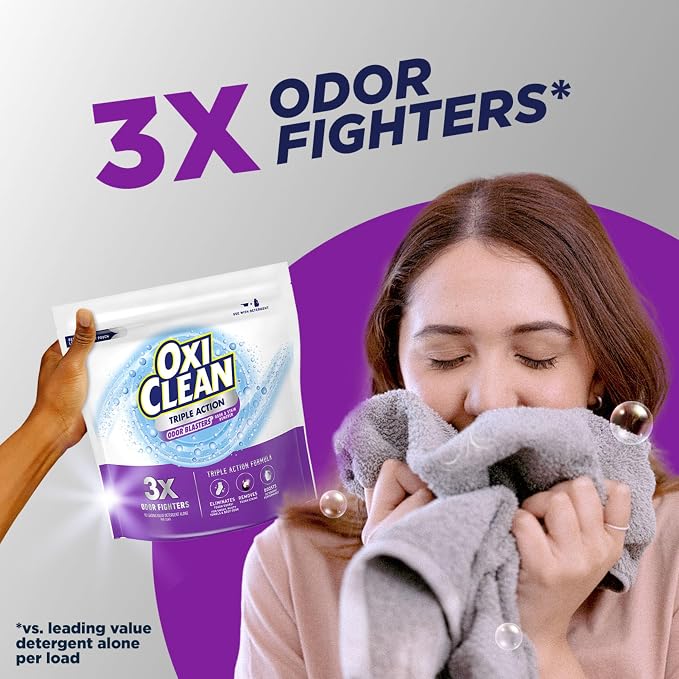 OxiClean Triple Action Odor and Stain Remover Powder, Use with Detergent, Eliminates Tough Odors and Removes Stains, Color Safe and Chlorine Free, 4 lbs (Pack of 2)