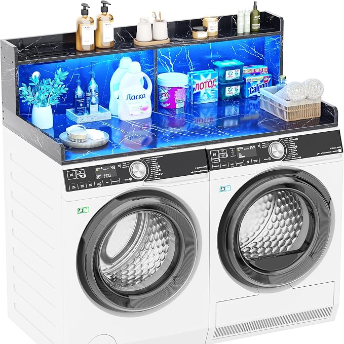 Aheaplus Washer and Dryer Countertop, 2-Tier Laundry Countertop Cover with LED Lights and Power Strip, Large Space Laundry Topper with Shelf for Laundry Room Organization, Black Marble