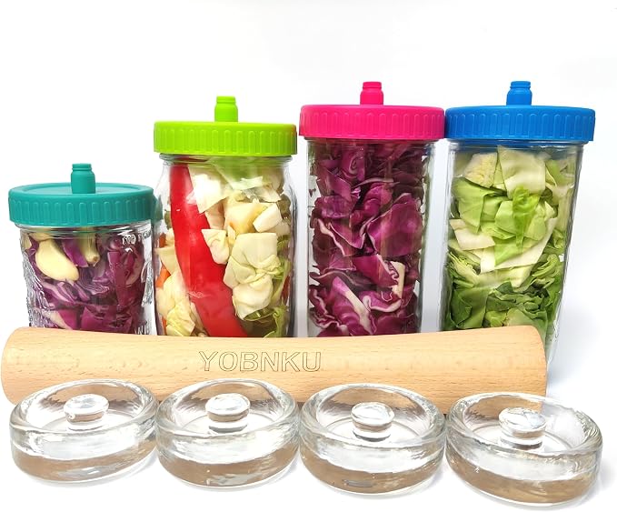 Complete Mason Jar Fermentation Kit with Pounder, 4 Glass Weight and 4 Fermenter lids Sauerkraut Caps Fermenting Food Tool for Wide Mouth Mason Jars-Jars Not Included (Have pounder)