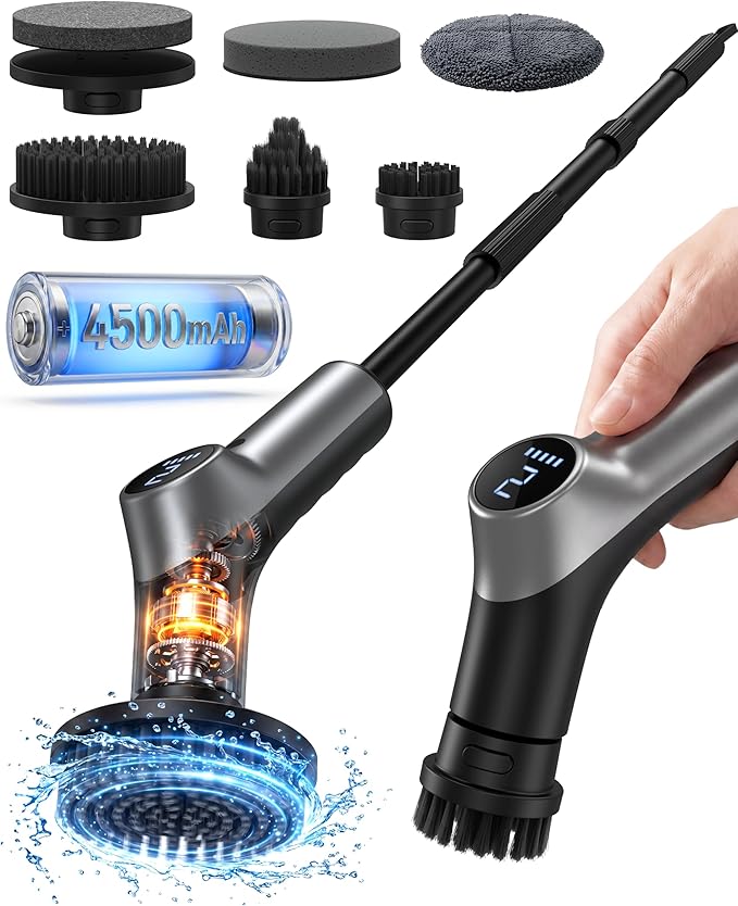 Electric Spin Scrubber,Power Shower Scrubber with 6 Replaceable Brush Heads,120 Mins Runtime Cleaning Brush with Adjustable Extension Arm with 6 Additional Spong scouring Fiber pad