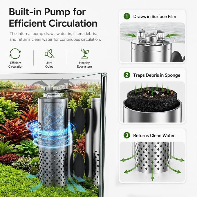 FZONE Aquarium Surface Skimmer, Mini Electric Surface Skimmer with USB Plug for Planted Tanks | 4-Speed Controller,Ultra‑Quiet Design, for nano tank, effortless setup, Durable Stainless Steel, easy to maintence