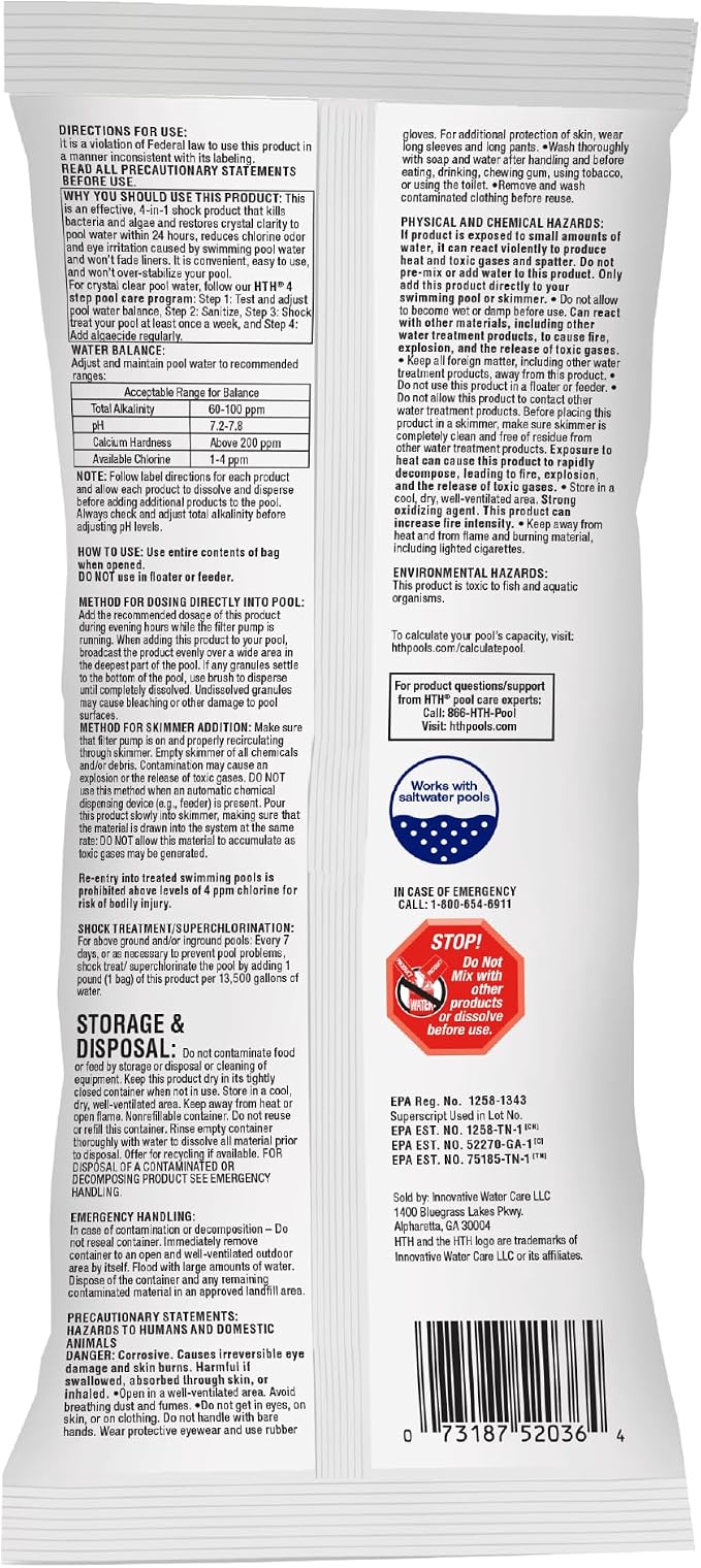 HTH 52031 Swimming Pool Care Shock, Swimming Pool Chlorinator Boosts Chlorine Levels, Cal Hypo Formula, 13.3oz (1 Pack)