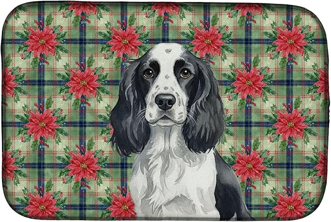Caroline's Treasures Black and White English Springer Spaniel Christmas PoinsettIas Dish Drying Mat Absorbent Dish Drying Mat Pad for Kitchen Counter Dish Drainer Mat for Countertop, 14 x 21"