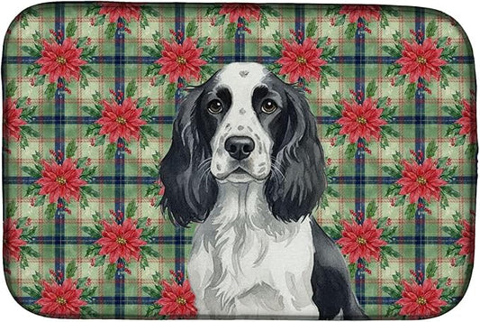 Caroline's Treasures Black and White English Springer Spaniel Christmas PoinsettIas Dish Drying Mat Absorbent Dish Drying Mat Pad for Kitchen Counter Dish Drainer Mat for Countertop, 14 x 21"