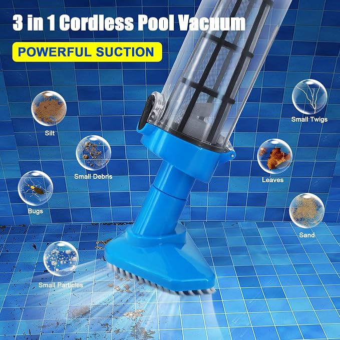 Handheld Pool Vacuum with Telescopic Pole, 3 in 1 Cordless Rechargeable Pool Vacuum, Over 100 Mins Running Time, Deep Cleaning for Above & In-ground Pools, Hot Tubs, Spas