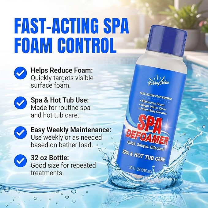 Hot Tub Defoamer, Spa Defoamer Hot Tub Formula, Spa Defoamer for Hot Tub Owners, Hot Tub Anti Foam to Help Keep Foam Down, Fast-Acting Hot Tub Foam Eliminator, 1 Quart (32 fl oz), BubbyShine