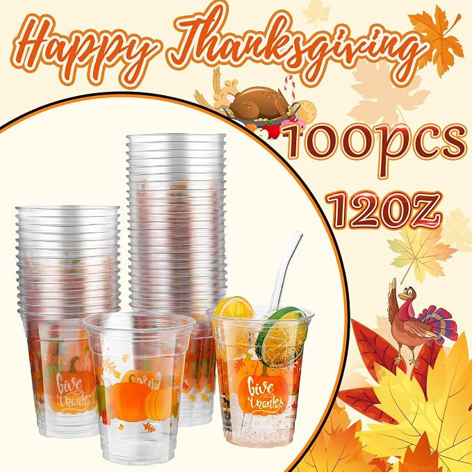 Meanplan 100 Pcs Thanksgiving Plastic Cups Bulk 12oz Fall Disposable Cups Autumn Pumpkin Leaf Turkey Clear Drinkware Tumblers Coffee Juice Wine Glasses Harvest Wedding Party Supplies(Pumpkin)