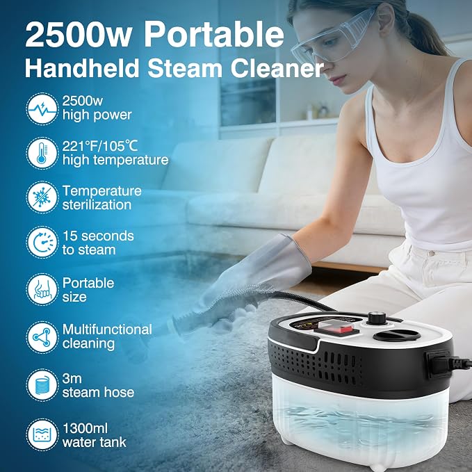 Steam Cleaner for Home & Car Detailing, 2500W High Pressure Portable Steamer with 6-Level Adjustable Steam, 15s Heat-Up, 9.8ft Long Hose, ANSI Z87.1 Goggles, 17-Pcs Kit for Tile, Grout, Hardwood