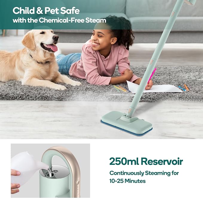 Newbealer Steam Mop & Detachable Handheld Cleaner, 1200W Floor Steamer | 3 Adjustable Levels for Carpet Laminate Hardwood Grout, Carpet Glider, 11 Multi-purpose Accessories & 2 Pads, 250ml Tank