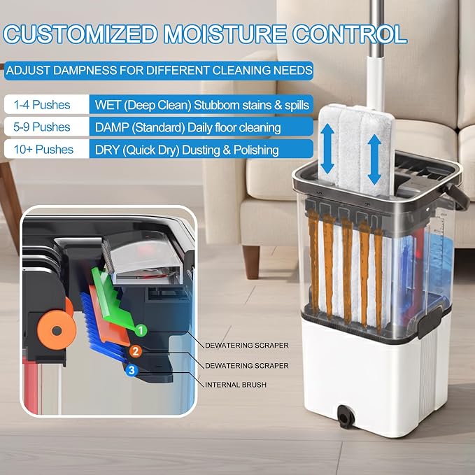 Mop and Bucket Set with Wringer,Separate Clean Dirty Water, Self Wringing Microfiber Dust Flat Mop for Hardwood Floors, Kitchen, Wall Cleaner -with 4 Washable Microfiber Pads