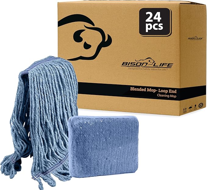 KLEEN HANDLER General Cleaning Mop Heavy Duty Commercial Replacement, Wet Industrial Blue Cotton Looped End String Head Refill, 3 Count (Pack of 8)